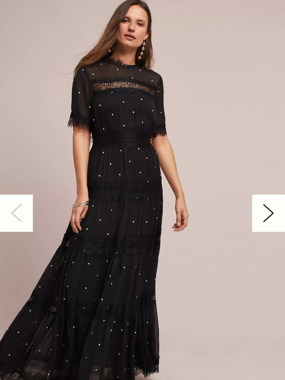 Anthropologie Opening Night Dress Lace Trim Maxi Dress with Pearl Dot Detail